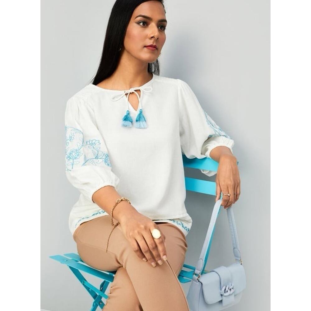 March 11 White Blue Linen Blouse Belize V-Neck Embroidered Tunic Top S